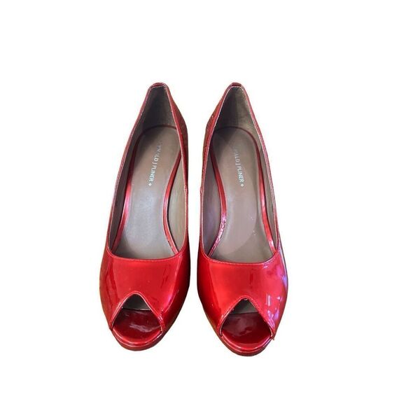 Donald Pliner // Red Habiki Wedge Peep Toe Heels Size 8.5 - Picture 7 of 10